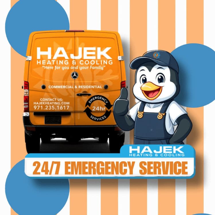 Hajek Heating and Cooling van with mascot promoting 24/7 emergency services.