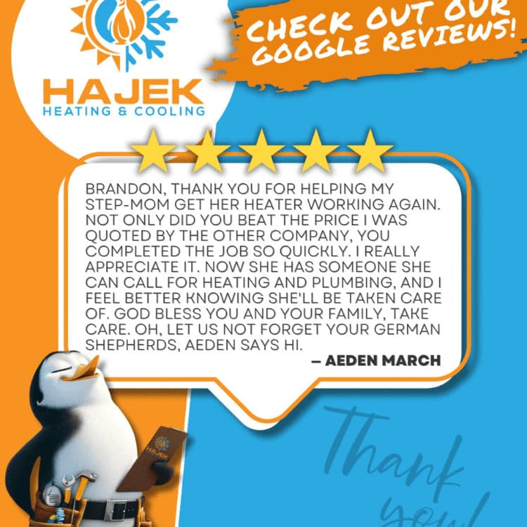 Testimonial for Hajek Heating & Cooling, featuring five-star review and Aeden March's message.