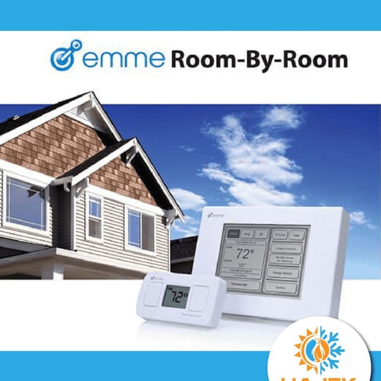 Emme Room-by-Room temperature control system with thermostat and house exterior background.