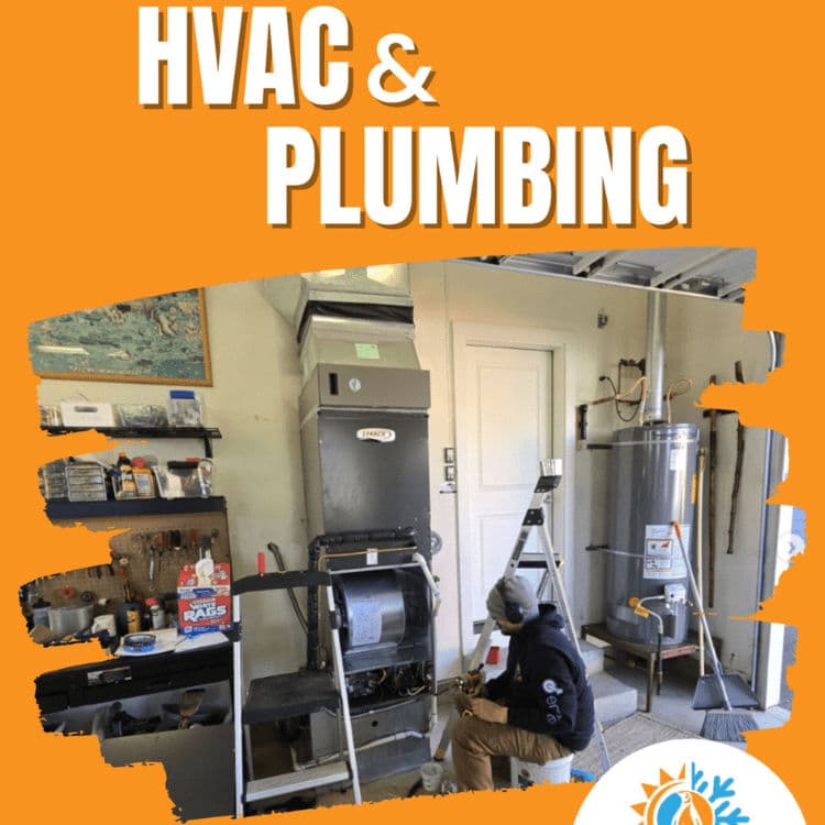 HVAC and plumbing technicians working on residential equipment in a garage setting.