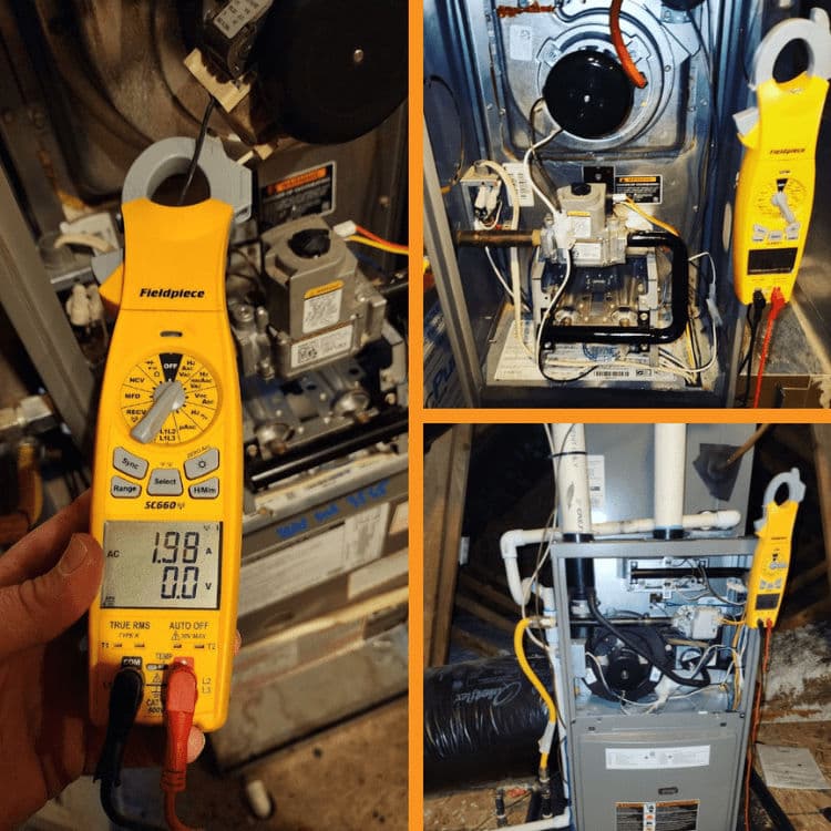 Fieldpiece multimeter measuring HVAC system components in service environment.
