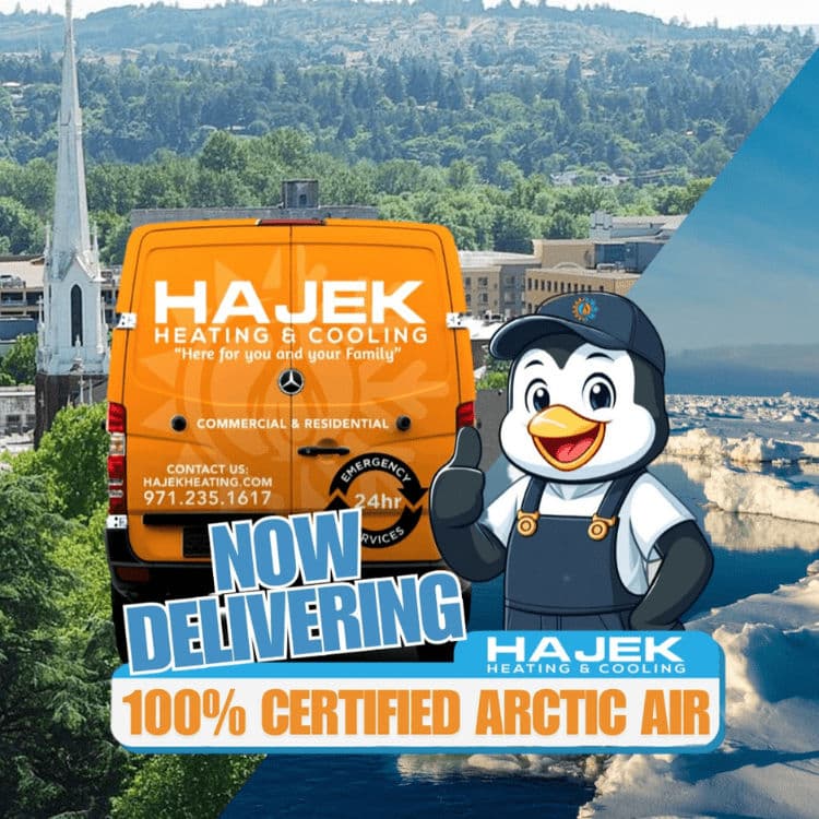 Hajek Heating & Cooling van with penguin mascot promoting Arctic Air delivery services.